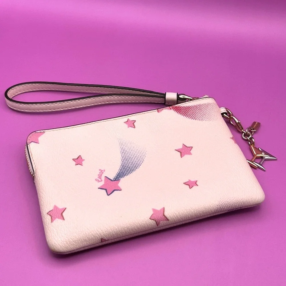 Coach Corner Zip Wristlet White Pink Shooting Star Celestial Martini Charm - Picture 3 of 15
